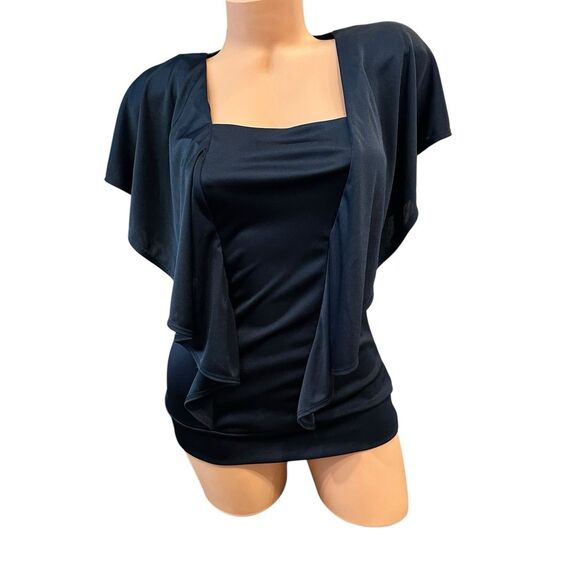 Women’s Navy Flutter Sleeve Drape Front Top Sz M Square Neck Stretchy Blouse Y2K - Picture 2 of 5